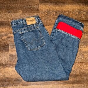 Wrangler Rugged Wear Jeans Fleece Lined Mens 38X 30 Red Quilted Lining USA VTG